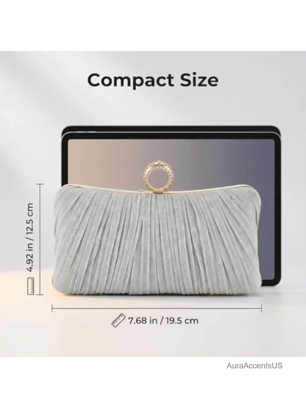 Ruched Satin Clutch with Crystal Ring Handle, Formal Party Evening Bag